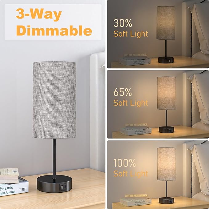 AKASUKI Table Lamp for Bedroom, 3 Way Dimmable Touch Lamp with Dual Charging Station, Small Bedside Lamps for Night Stands, Living Room, Office(LED Bulb Included) - LeafyLoom