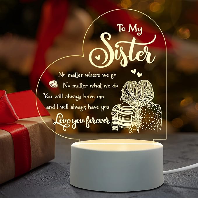 Sister Mothers Day Gift ideas, Sisters Gifts from Sister, to My Sister Birthday Gifts from Sister, Graduation Wedding Birthday Gifts for Sisters from Sister, Engraved Night Light Gifts for Sister - LeafyLoom