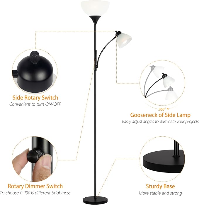 Floor Lamp, Dimmable Standing lamp, 3 Levels Dimmable Brightness, Included 9W and 5W LED Bulbs, Industrial Floor Lamp for Living Room, Bedroom, Office, Reading - LeafyLoom