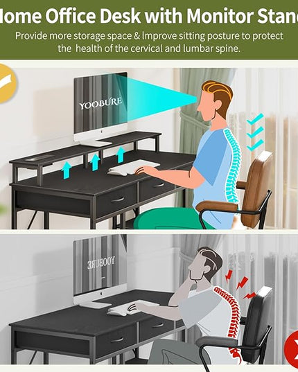 Yoobure Computer Desk with Drawers, Office Desk with LED Lights & Outlets, Small Desk with Storage Shelves, Gaming Desk 48" Home Office Desks with Monitor Stand, Writing Desk for Bedroom Small Spaces - LeafyLoom