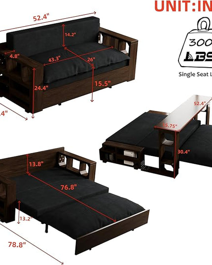 52" 3 in 1 Loveseat Futon Sofa Couch of Mordern Velvet w/Pullout, Small Love Seat Lounge Sleeper w/Convertible Office Desk for Living Room Bed, 52inch, Black - LeafyLoom