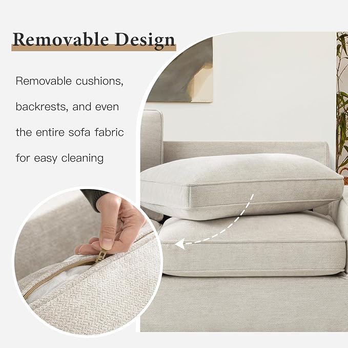 EASELAND Sofa Couch, 88" Chenille Loveseat for Living Room, 3 Seater Lounge Sofa for Bedroom with Removable Back and Seat Cushions, Modern Deep Seat Comfy Couch with Solid Wood Legs and Armrest(Beige) - LeafyLoom