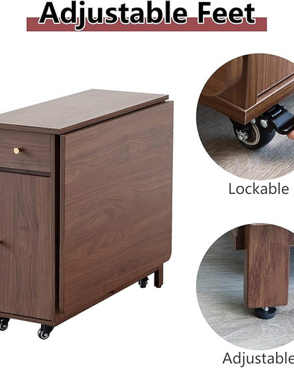 Extendable Drop Leaf Foldable Dining Table with 2 Drawers and 4 Wheels for Living Room Kitchen Farmhouse Space Saving Table in Walnut - LeafyLoom
