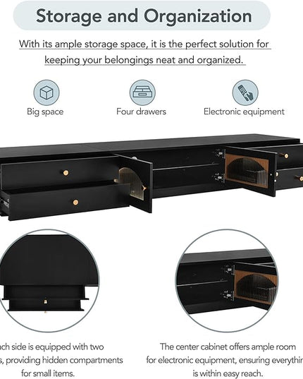 TV Stand with Drawers, 86 Inch Entertainment Center with Fluted Glass Doors for TVs Up to 90'', TV Console with Ample Storage Space for Living Room, Black - LeafyLoom
