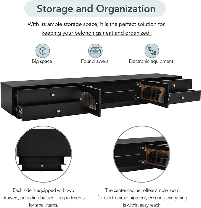 TV Stand with Drawers, 86 Inch Entertainment Center with Fluted Glass Doors for TVs Up to 90'', TV Console with Ample Storage Space for Living Room, Black - LeafyLoom