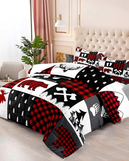 LUVIVIHOME 2PCS Rustic Cabin Comforter Set Twin Size, Christmas Bedding, Deer Bear White Red Black Plaid Patchwork Lodge Log Country Farmhouse Bedroom Decor, Soft Microfiber Quilt, 1 Pillow Sham - LeafyLoom