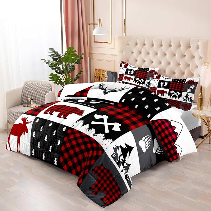 LUVIVIHOME 3PCS Rustic Cabin Comforter Set Queen Size, Christmas Bedding, Deer Bear White Red Black Plaid Patchwork Lodge Log Country Farmhouse Bedroom Decor, Soft Microfiber Quilt, 2 Pillow Shams - LeafyLoom