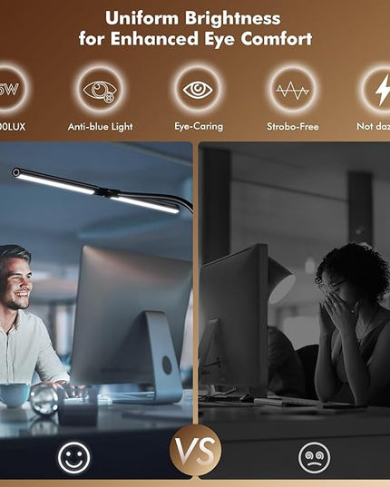 Quntis Double Head LED Tall Desk Lamp for Home Office, 31.5-inch Foldable Computer Desk Light with Clamp, Dimmable Dual Monitor Light Bar for Curved Screen Architect Drafting Design - 32 Modes - LeafyLoom