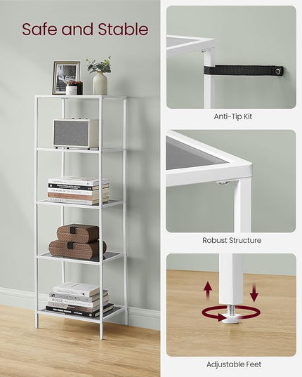 VASAGLE Bookcase, 5-Tier Bookshelf, Slim Shelving Unit for Bedroom, Bathroom, Home Office, Tempered Glass, Steel Frame, Pearl White and Slate Gray ULGT029W01 - LeafyLoom