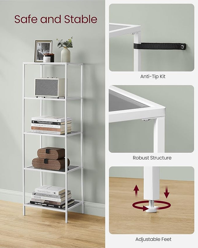 VASAGLE Bookcase, 5-Tier Bookshelf, Slim Shelving Unit for Bedroom, Bathroom, Home Office, Tempered Glass, Steel Frame, Pearl White and Slate Gray ULGT029W01 - LeafyLoom