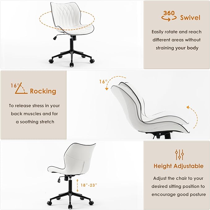 YOUNUOKE Office Desk Chair, Comfy Home Office Chairs, Small Comfortable Desk Chairs with Wheels, Armless PU Leather Chairs for Computer Conference, White - LeafyLoom