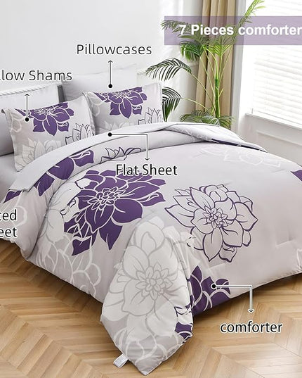 Purple Comforter Set King 7 Piece Bed in a Bag Purple Floral Comforter with Sheet Set Soft Micorfiber Reversible Bedding Set (1 Comforter,2 Pillow Shams,1 Flat Sheet,1 Fitted Sheet,2 Pillowcases) - LeafyLoom