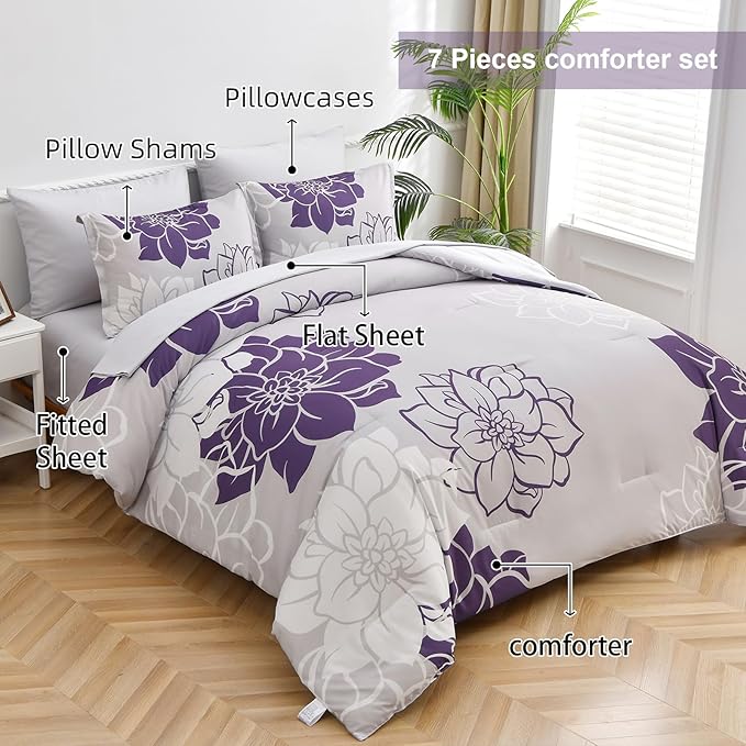 Purple Comforter Set King 7 Piece Bed in a Bag Purple Floral Comforter with Sheet Set Soft Micorfiber Reversible Bedding Set (1 Comforter,2 Pillow Shams,1 Flat Sheet,1 Fitted Sheet,2 Pillowcases) - LeafyLoom