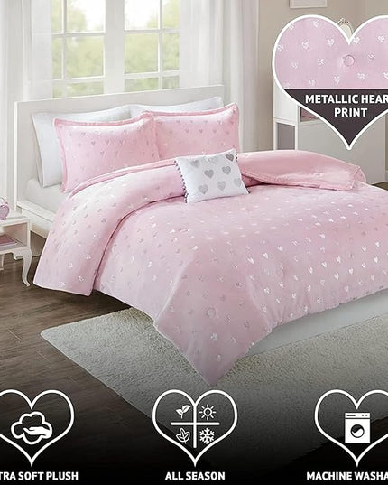 Mi Zone Rosalie Comforter Set for Girls, Ultra-Soft Microlight Plush Metallic Printed Hearts Brushed Reverse Overfilled Down Alternative Hypoallergenic All Season, , Full/Queen, Pink/Silver, 4 Piece - LeafyLoom