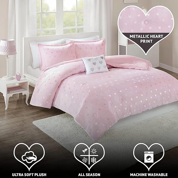 Mi Zone Rosalie Comforter Set for Girls, Ultra-Soft Microlight Plush Metallic Printed Hearts Brushed Reverse Overfilled Down Alternative Hypoallergenic All Season, , Full/Queen, Pink/Silver, 4 Piece - LeafyLoom