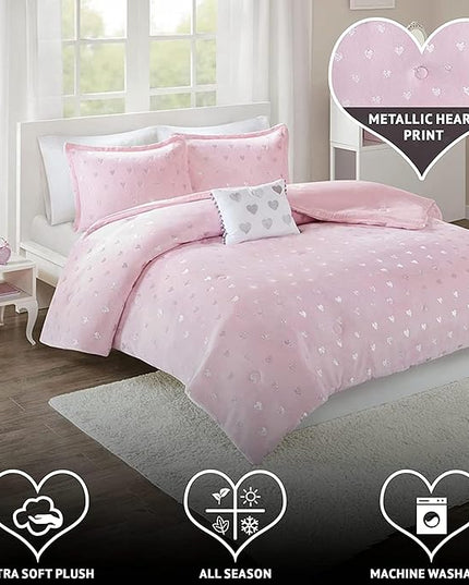 Mi Zone Rosalie Comforter Set for Girls, Ultra-Soft Microlight Plush Metallic Printed Hearts Brushed Reverse Overfilled Down Alternative Hypoallergenic All Season, Twin/Twin XL, Pink/Silver, 3 Piece - LeafyLoom