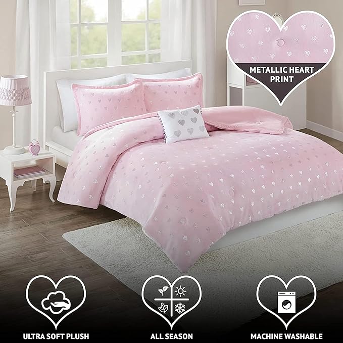 Mi Zone Rosalie Comforter Set for Girls, Ultra-Soft Microlight Plush Metallic Printed Hearts Brushed Reverse Overfilled Down Alternative Hypoallergenic All Season, Twin/Twin XL, Pink/Silver, 3 Piece - LeafyLoom