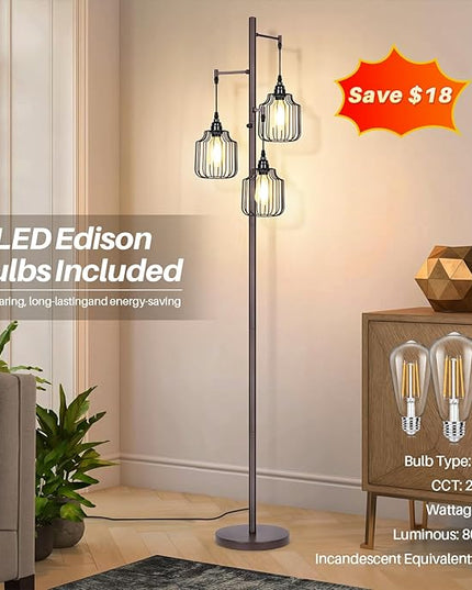 Dimmable Industrial Floor Lamp with 3 LED Edsion Bulbs, Farmhouse Tall Standing Lamp for Living Room, Rustic Brown Tree Floor Lamp, Bright Vintage Pole Light with Cage Shades for Bedroom Home Decor - LeafyLoom