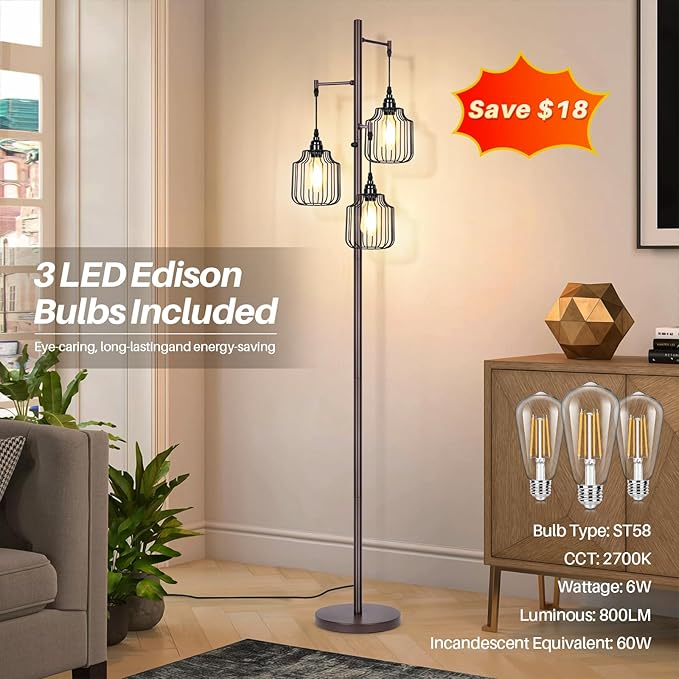 Dimmable Industrial Floor Lamp with 3 LED Edsion Bulbs, Farmhouse Tall Standing Lamp for Living Room, Rustic Brown Tree Floor Lamp, Bright Vintage Pole Light with Cage Shades for Bedroom Home Decor - LeafyLoom