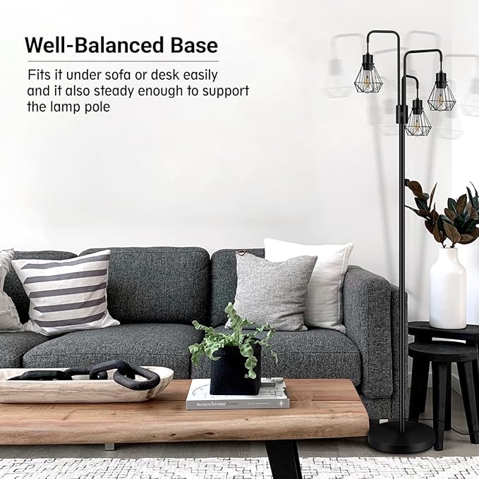 BoostArea Industrial Floor Lamp,Metal Diamond Lampshade,Modern Stand Up Lamp with 3 Light, Bulbs Not Included,Simple Design Floor Lamp for Bedroom, Living Room, Office, Kids Room, Reading - LeafyLoom