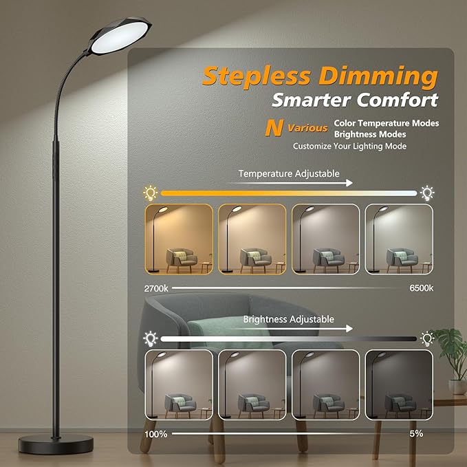 LED Floor Lamp, 18W Bright Floor Lamps for Living Room, Stepless Adjustable Colors & Brightness Standing Lamp with Timer, Remote & Touch Control, Eye Caring Reading Lights for Bedroom,Office - LeafyLoom