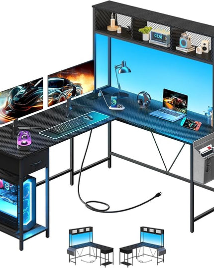 Yoobure L Shaped Desk Gaming Desk with LED Strip & Power Outlet, Reversible L-Shaped Computer Desk with Drawer, Corner Desk with Storage Shelf, 2 Person Home Office Desk, Carbon Fiber Black - LeafyLoom