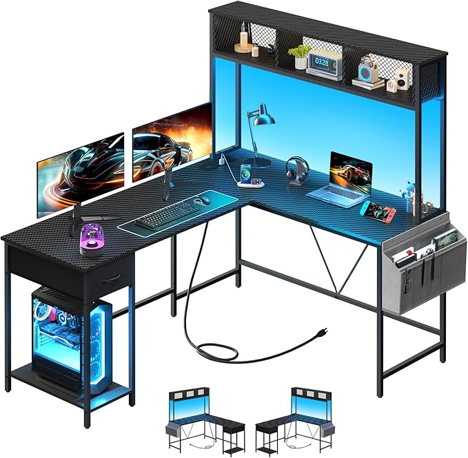 Yoobure L Shaped Desk Gaming Desk with LED Strip & Power Outlet, Reversible L-Shaped Computer Desk with Drawer, Corner Desk with Storage Shelf, 2 Person Home Office Desk, Carbon Fiber Black - LeafyLoom