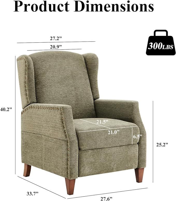 COLAMY Wingback Pushback Recliner Storage Pocket Upholstered Fabric Living Room Chair Armchair, with Wood Legs and Nailhead Trim, Green - LeafyLoom