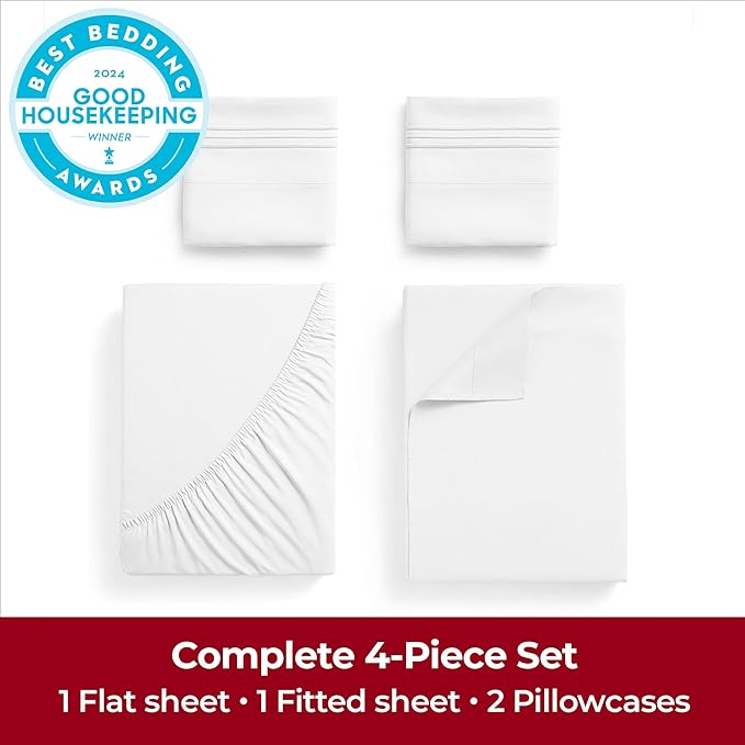 Mellanni Extra Deep King Sheets - 4 PC Iconic Collection Bedding Sheets & Pillowcases - Hotel Luxury, Ultra Soft, Cooling Bed Sheets - Extra Deep Pocket up to 21 inch (King, White) - LeafyLoom