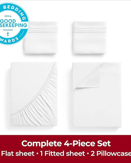 Mellanni California King Sheets Set - 4 PC Iconic Collection Bedding Sheets & Pillowcases - Hotel Luxury, Extra Soft, Cooling Bed Sheets - Deep Pocket up to 16 inch (Cal King, White) - LeafyLoom