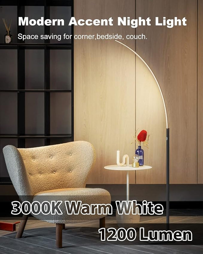 TACAHE Arc Corner Floor Lamp - 3000K Warm White & 3 Brightness Presets - Curved LED Accent Lamp with Touch Switch - 63" Modern Standing Lamp for Bedroom, Living Room - 12W - Black - LeafyLoom