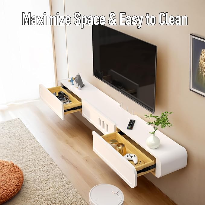 Floating TV Stand in Solid Wood, 71'' High Gloss Wall Mounted TV Cabinet, Floating TV Shelves with Door & Drawers, Modern Entertainment Media Console Center Large Storage Under TV - LeafyLoom