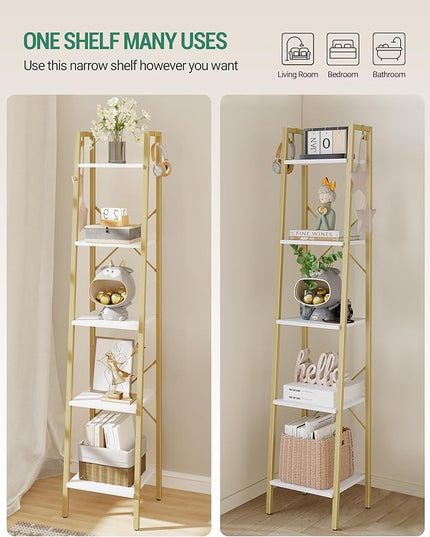 Ladder Shelf, Bookshelf Bookcase, Freestanding Corner Storage Shelve with 2 Hooks for Home Office, Living Room, Kitchen, Bedroom, Industrial, 5-Tier White Gold BC03213G - LeafyLoom