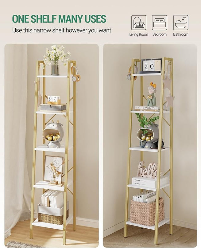 Ladder Shelf, Bookshelf Bookcase, Freestanding Corner Storage Shelve with 2 Hooks for Home Office, Living Room, Kitchen, Bedroom, Industrial, 5-Tier White Gold BC03213G - LeafyLoom