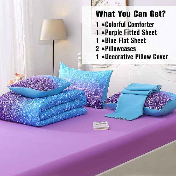 JQinHome Queen Blue Purple Comforter Set, 6 Piece Bed in A Bag 3D Colorful Ombre Bedding Set for Girls Women (1 Comforter,2 Pillowcases,1 Flat Sheet,1 Fitted Sheet,1 Cushion Cover)(Blue Purple) - LeafyLoom