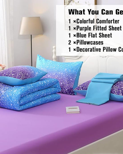 JQinHome Glitter Comforter Set Twin Size,6 Piece Bed in A Bag 3D Colorful Ombre Bedding Set for Girls kids(1 Comforter,2 Pillowcases,1 Flat Sheet,1 Fitted Sheet,1 Cushion Cover)(Blue Purple) - LeafyLoom