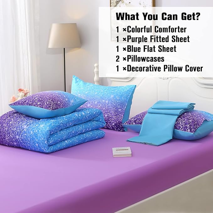 JQinHome Glitter Comforter Set Twin Size,6 Piece Bed in A Bag 3D Colorful Ombre Bedding Set for Girls kids(1 Comforter,2 Pillowcases,1 Flat Sheet,1 Fitted Sheet,1 Cushion Cover)(Blue Purple) - LeafyLoom