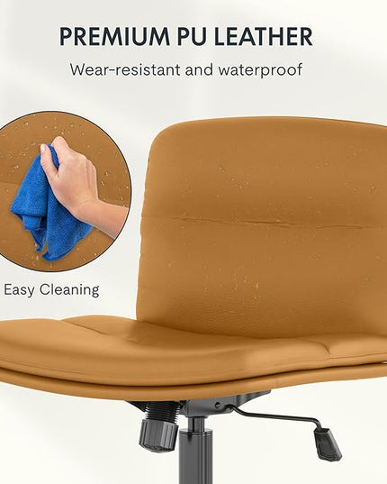 FLEXISPOT Cross Legged Office Chair for Vanity Desk Criss Cross Chair with Wheels Armless Office Chair Vanity Chair Comfy Wide Seat Cushion PU Leather(Brown) - LeafyLoom
