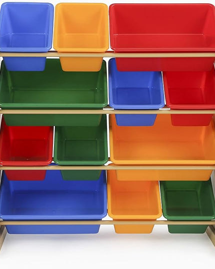 Humble Crew, Natural/Primary Kids' Toy Storage Organizer with 12 Plastic Bins, 34*35*15.5inch - LeafyLoom