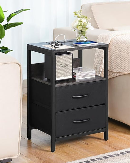Yoobure Nightstand with Charging Station, Small Night Stand with Fabric Drawers and Storage Shelf for Bedrooms, Nightstands for Small Spaces, Bedside Table with USB Ports & Outlets, Bed Side Table - LeafyLoom