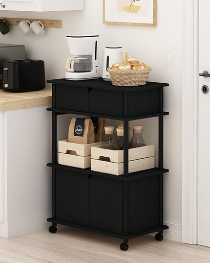 Furinno Turn-N-Tube Kitchen Storage Cart with Cabinet with Lockable Wheels, Americano/Black - LeafyLoom