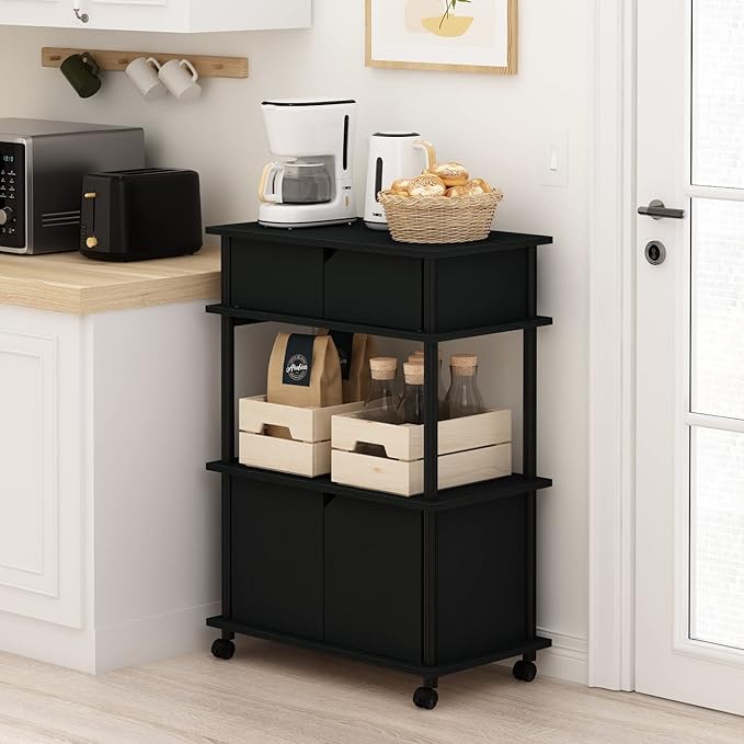 Furinno Turn-N-Tube Kitchen Storage Cart with Cabinet with Lockable Wheels, Americano/Black - LeafyLoom