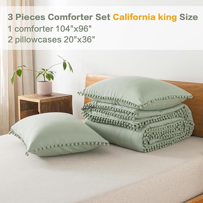 Litanika California King Comforter Set Sage Green,3 Pieces Sage Green Boho Pom Pom Lightweight Bed Comforter, All Season Soft Bedding Comforter Sets (1 Comforter 104x96 Inch, 2 Pillowcases) - LeafyLoom
