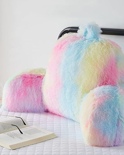 Faux Fur Backrest Pillow for Kids, Teen Reading Pillow with Arms, Fluffy Back Support Pillow for Sitting Up in Bed/Couch, Bed Wedge Pillow for Girls, Reading & Bed Rest Pillows (Pink) - LeafyLoom