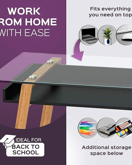 bonVIVO Massimo Small Desk - 55 Inch, Modern Computer Desk for Small Spaces, Living Room, Office and Bedroom - Study Table w/Glass Top and Shelf Space - White - LeafyLoom