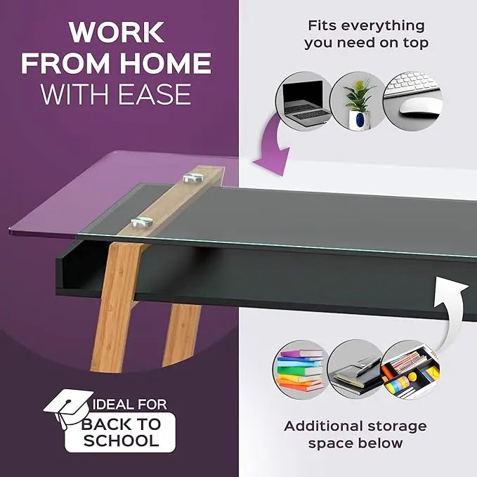 bonVIVO Massimo Small Desk - 55 Inch, Modern Computer Desk for Small Spaces, Living Room, Office and Bedroom - Study Table w/Glass Top and Shelf Space - Black - LeafyLoom