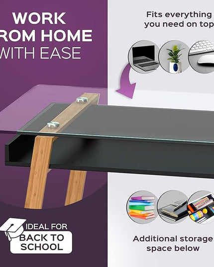 bonVIVO Massimo Small Desk - 55 Inch, Modern Computer Desk for Small Spaces, Living Room, Office and Bedroom - Study Table w/Glass Top and Shelf Space - White - LeafyLoom