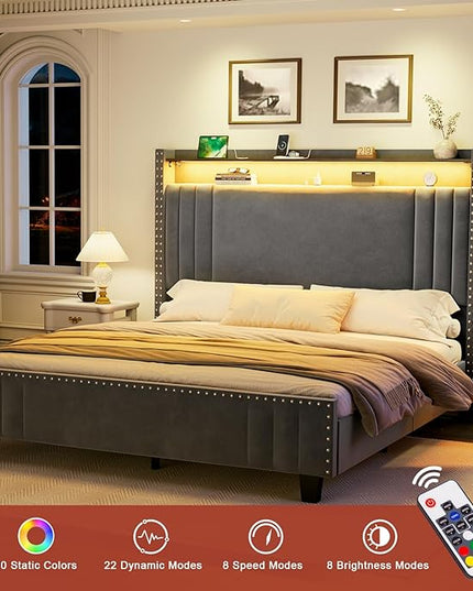 Queen Bed Frame withTall Headboard & LED Light,Velvet Upholstered Wingback Storage Headboard with Charging Station,Tufted Platform Bed Frame,No Box Spring Needed Dark Grey - LeafyLoom