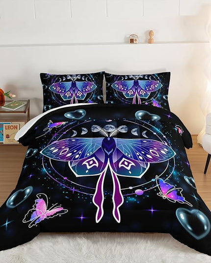 HOSIMA Butterfly Comforter Set with 2 Pillowcases,Moon Starry Sky Galaxy Comforter Butterfly Room Decor Aesthetics,Blue Heart -Shaped Bubble King Size Comforter Set for Adults Kids Black Comforter. - LeafyLoom