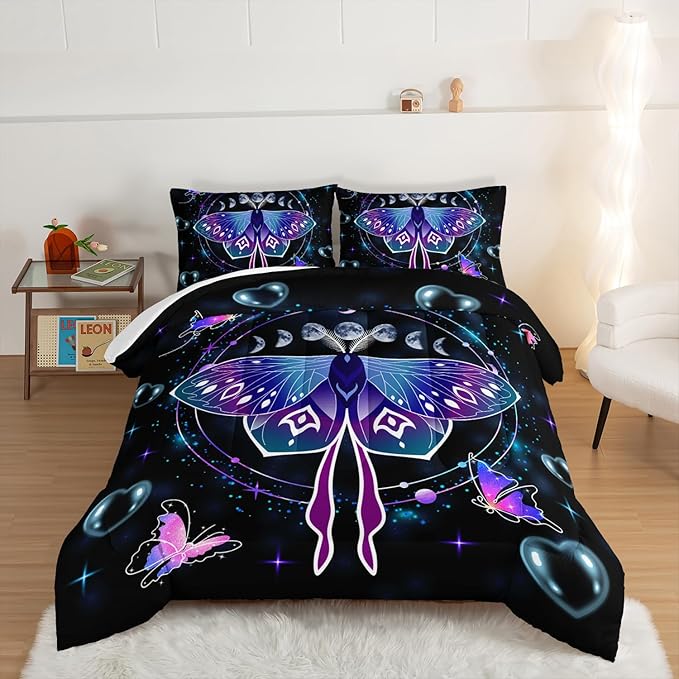 HOSIMA Butterfly Comforter Set with 2 Pillowcases,Moon Starry Sky Galaxy Comforter Butterfly Room Decor Aesthetics,Blue Heart -Shaped Bubble Full Size Bed in a Bag Set Black Comforter. - LeafyLoom